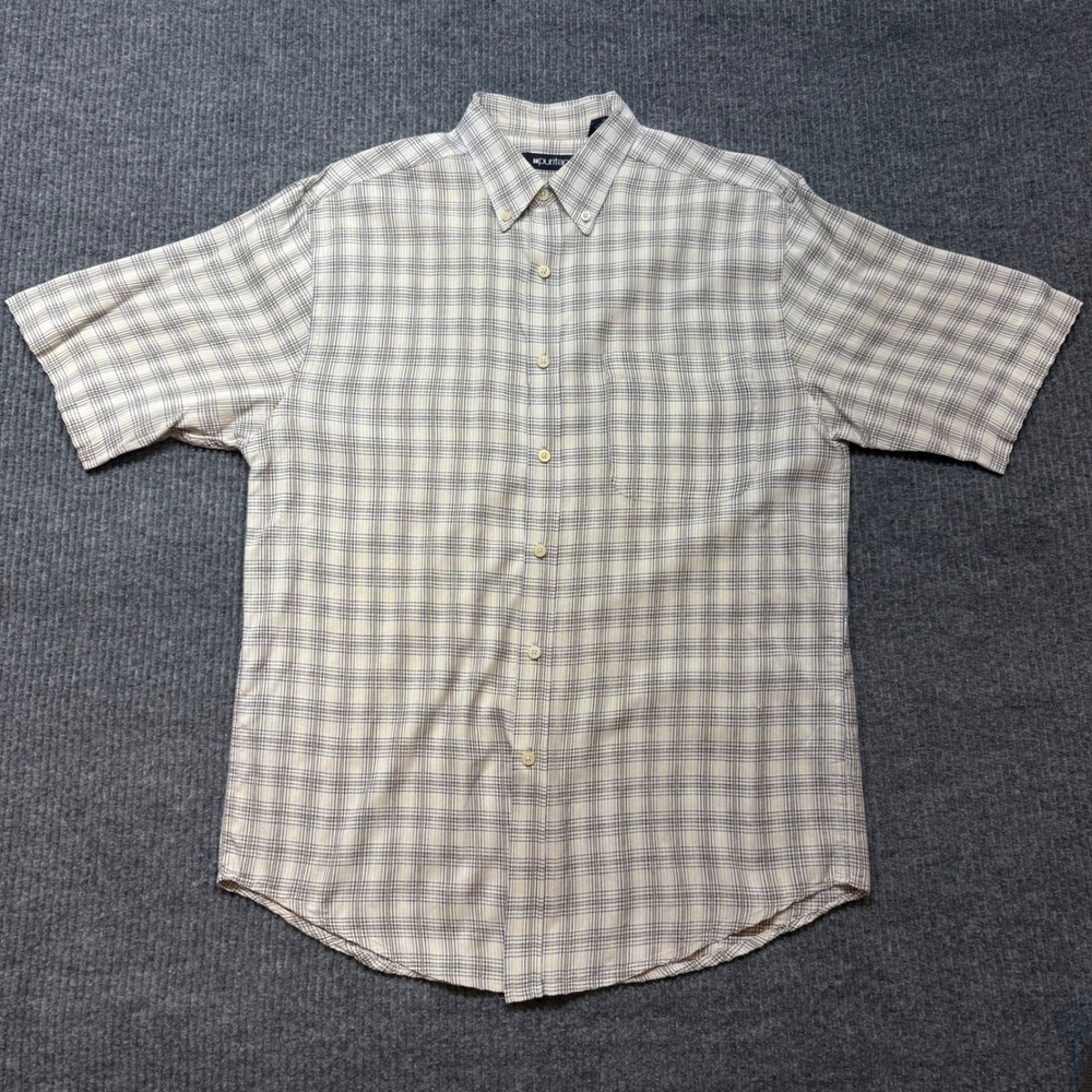 Puritan Plaid‎ Button Down Shirt Mens M Tan Brown White Short Sleeve Cotton